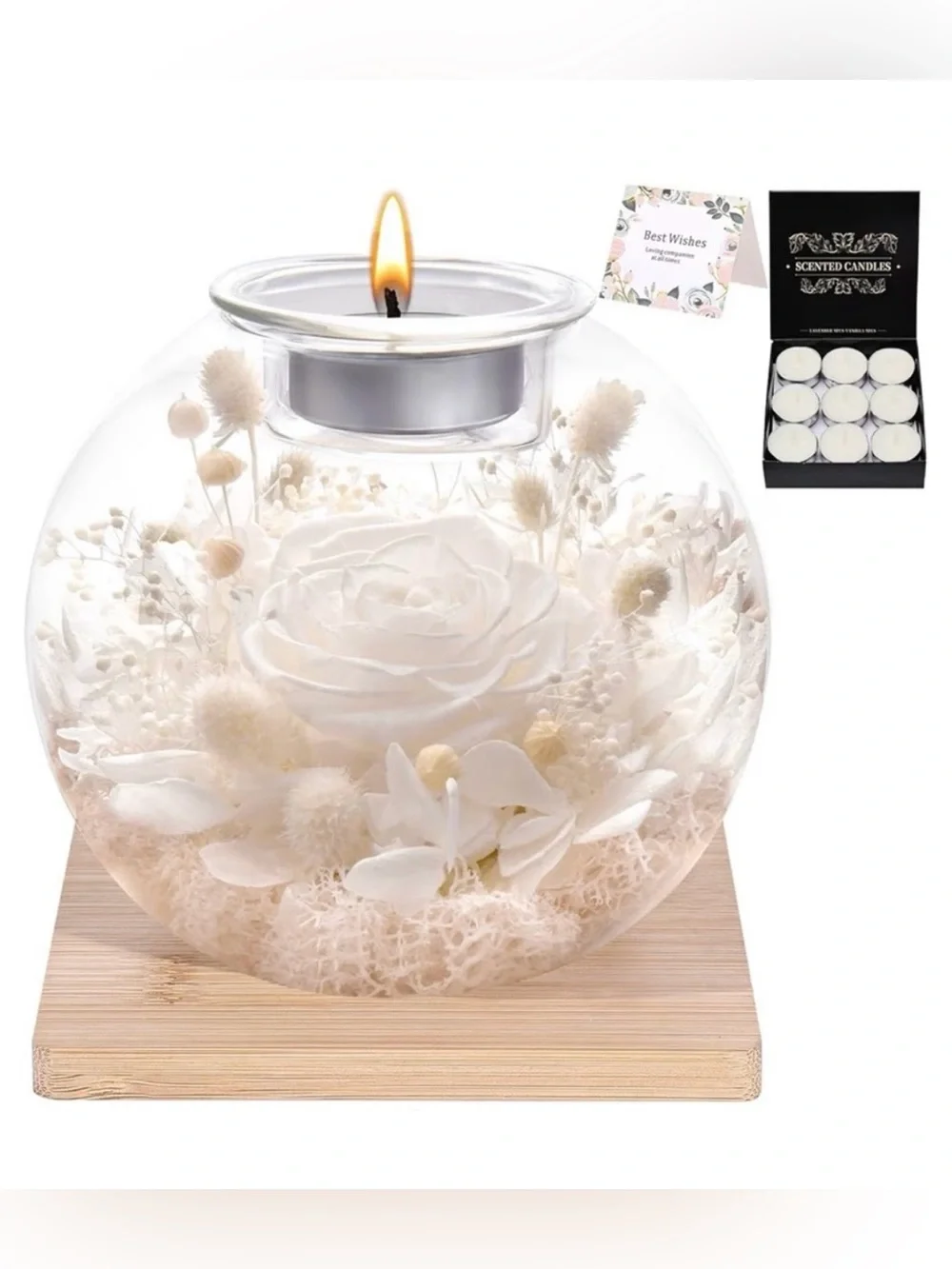 Preserved Forever Rose in Glass Dome with 18 Scented Candles Gift Set
